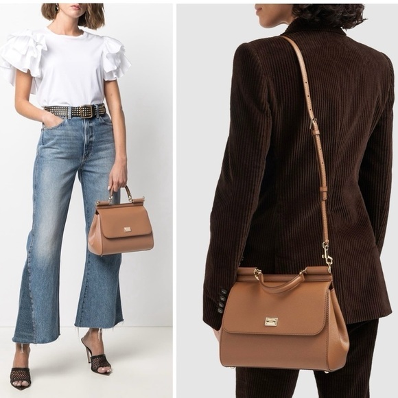 Dolce & Gabbana Handbags - DOLCE & Gabbana Sicily Dauphine Leather Crossbody Top Handle Purse Bag Caramello